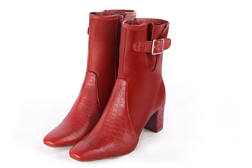 Scarlet red women's ankle boots with buckles on the sides. Square toe. Medium block heels. Front view - Florence KOOIJMAN
